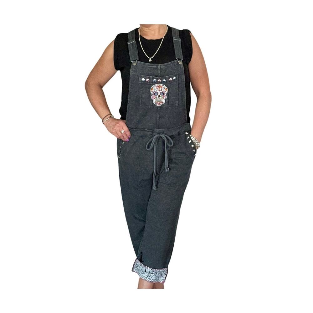 Women's Reworked Overalls one of one embellished custom gray crop hem adjustable
